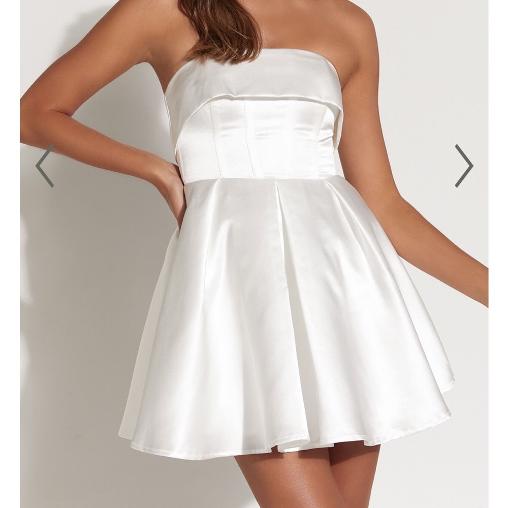 SHOWPO VALORA MINI DRESS - STRAPLESS FIT AND FLARE SATIN DRESS IN IVORY 2(XS)